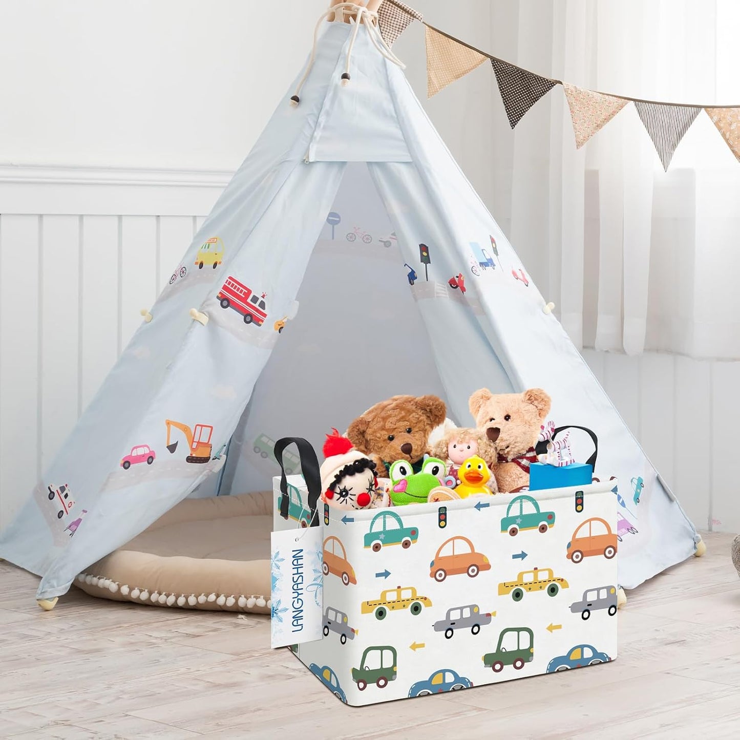 LANGYASHAN Rectangular Storage Bin Collapse Canvas Fabric Cartoon Storage Basket with Handles for Organizing Home Kitchen Boys and Girls Toys Office Closet Shelf Baskets(Rec Color Cars)