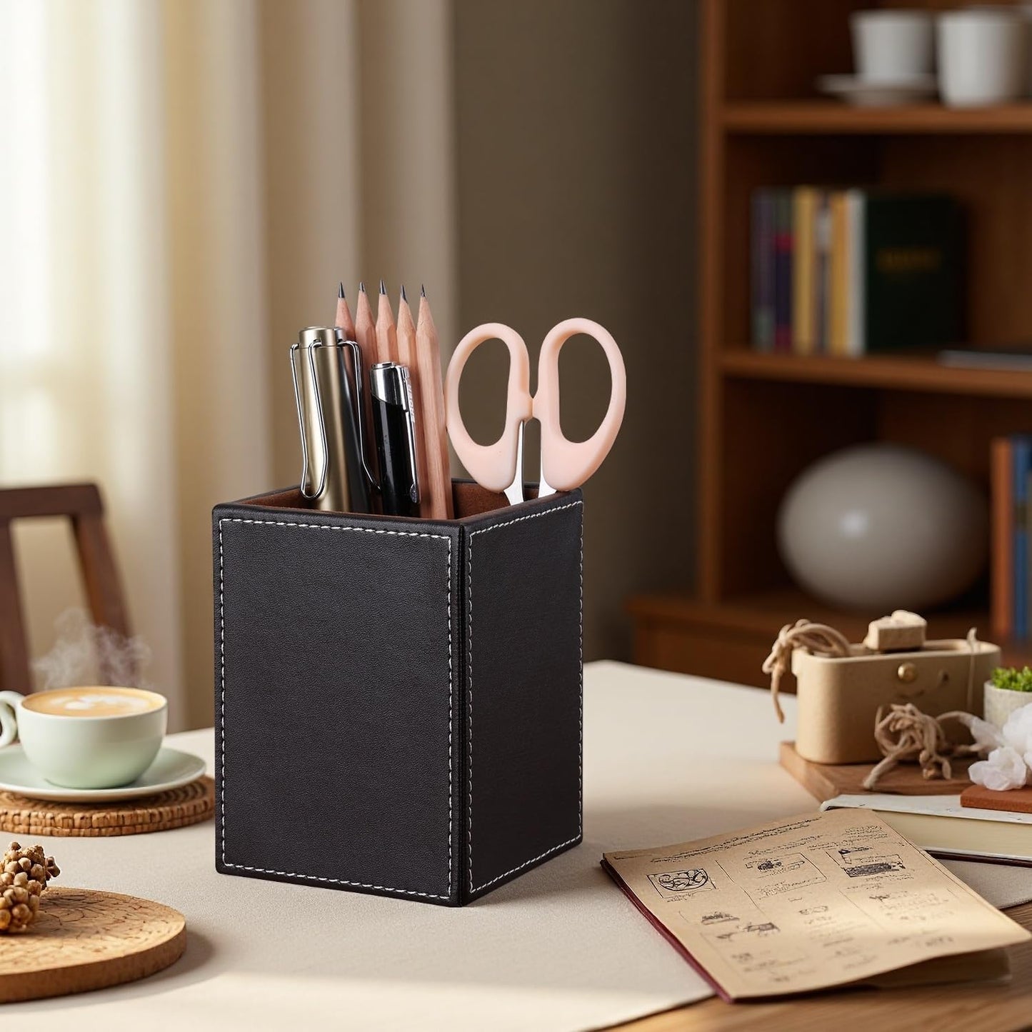 KINGFOM PU Leather Square Pens Pencils Holder Cup Desktop Stationery Organizer Case Office Accessories Container Box Brown