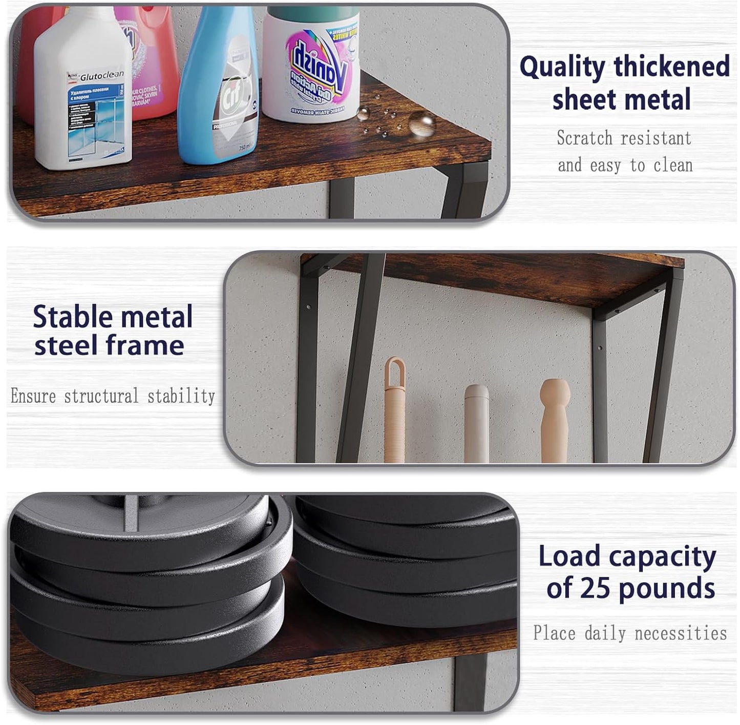 Wall-mounted broom and mop storage rack, equipped with mop, broom hanger and grab hooks for cleaning supplies, suitable for kitchens, laundry rooms, garages, utility rooms, closets, etc.