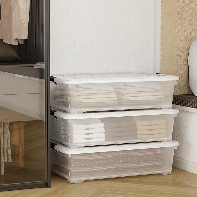 Morcte 50 Quart Clear Plastic Under Bed Storage Box, 3-Pack Under Bed Storage Containers on Wheels