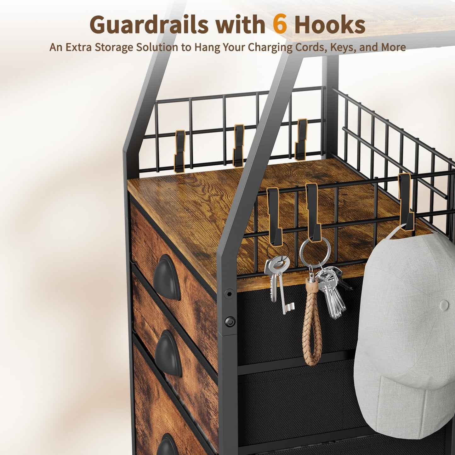 LASZOLA 3 Fabric Drawers Organizer Tower with 6 Hooks and 2 Shelves, Small End Side Table for Printer with Chest of Files Drawers, Ideal for Bedroom Living Room Office Dorm Under Desk, Rustic Bronze