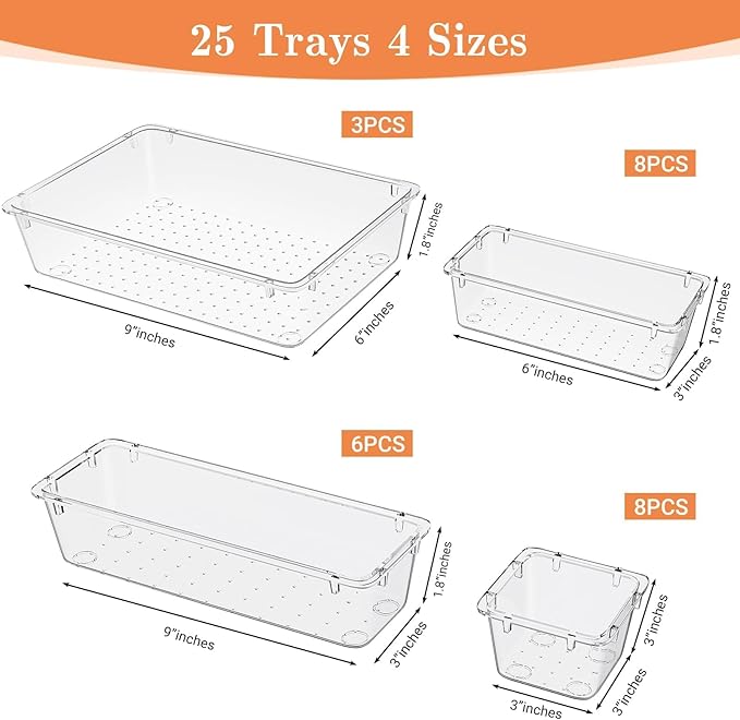 25 PCS Plastic Drawer Organizer Set, 4-Size Versatile Organizer Trays & storage Bins for Makeup, Jewelry, and Gadgets in Bathroom, Bedroom and Office,Clear White