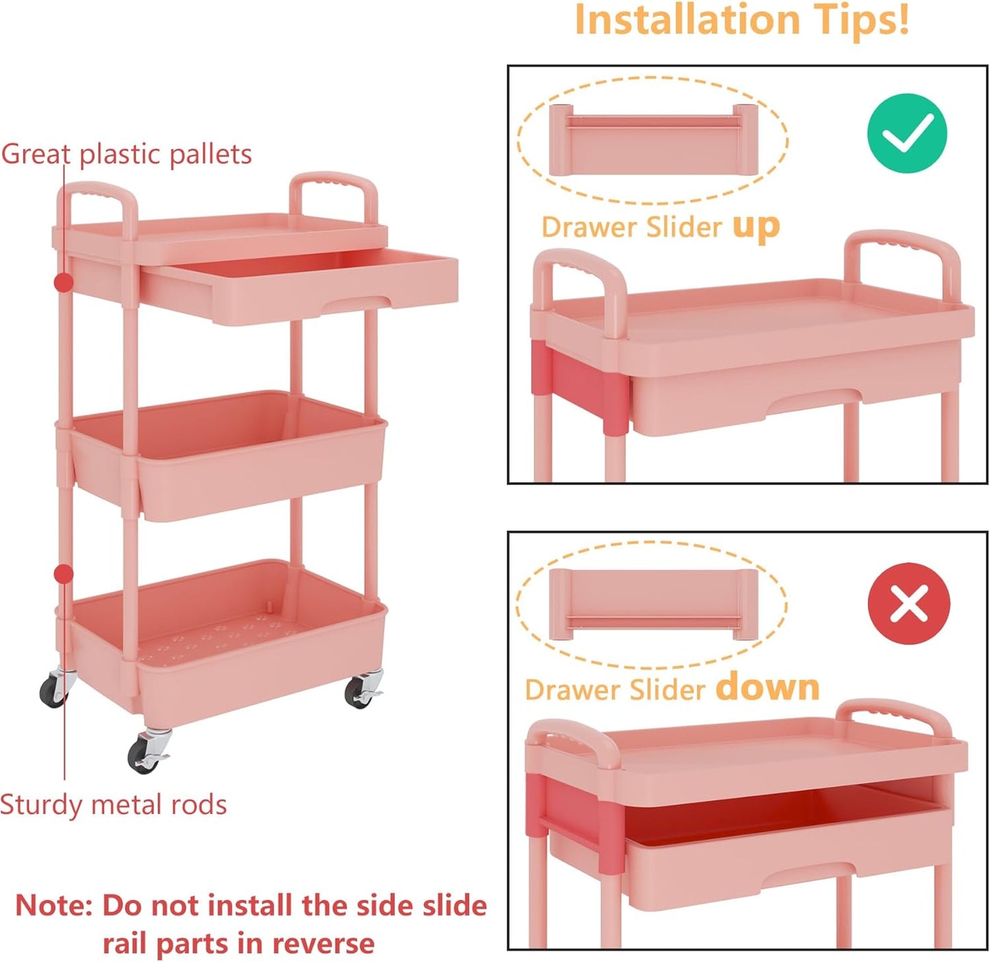 Calmootey 3-Tier Rolling Utility Cart with Drawer,Multifunctional Storage Organizer with Plastic Shelf & Metal Wheel,Storage Cart for Kitchen,Bathroom,Living Room,Office,Pink