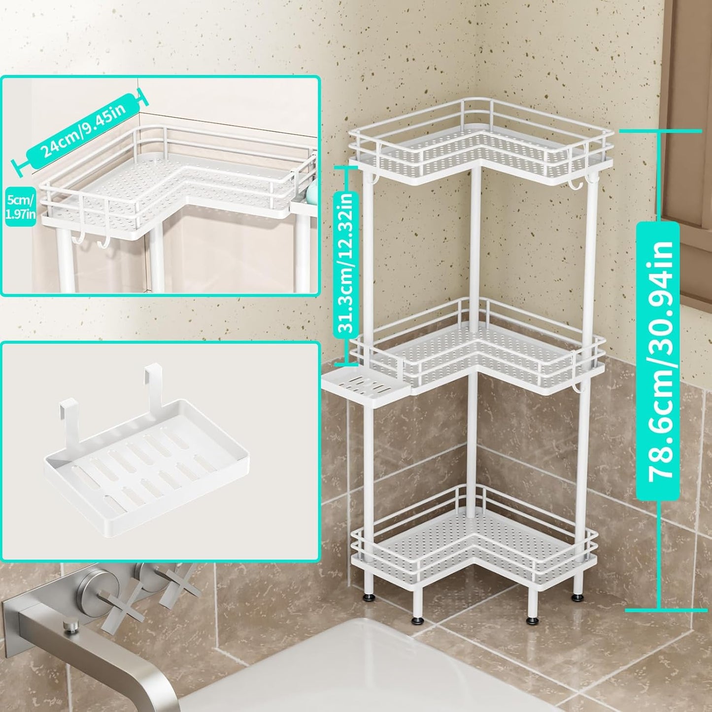 HapiRm Corner Shower Caddy Standing - 3 Tier Shower Organizer Corner with Soap Holder, Rustproof Bathroom Standing Organizer with 4 Hooks, White