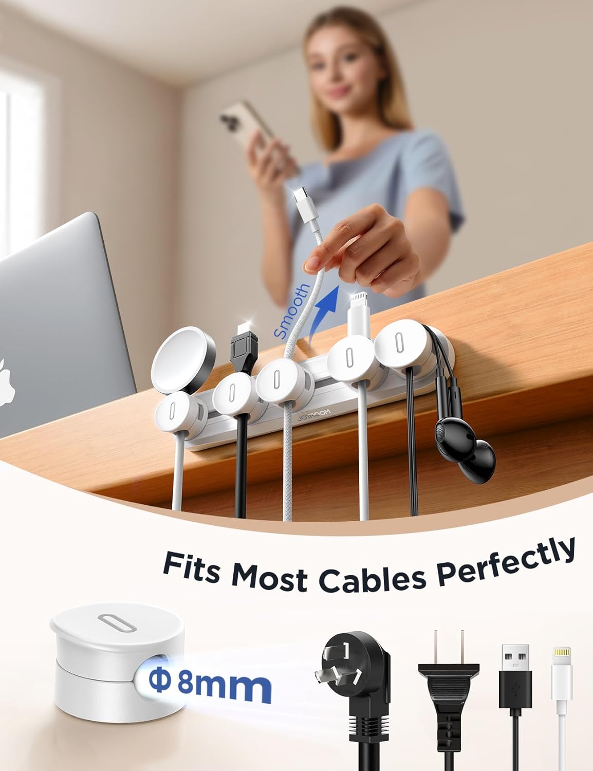 5-in-1 Magnetic Cord Organizer JOYROOM Cable Clips[Adjustable Sliding Track] Under Desk Adhesive Cord Management Wire Keeper for Computer Phone, Office Workspaces Table Organization Home Accessories