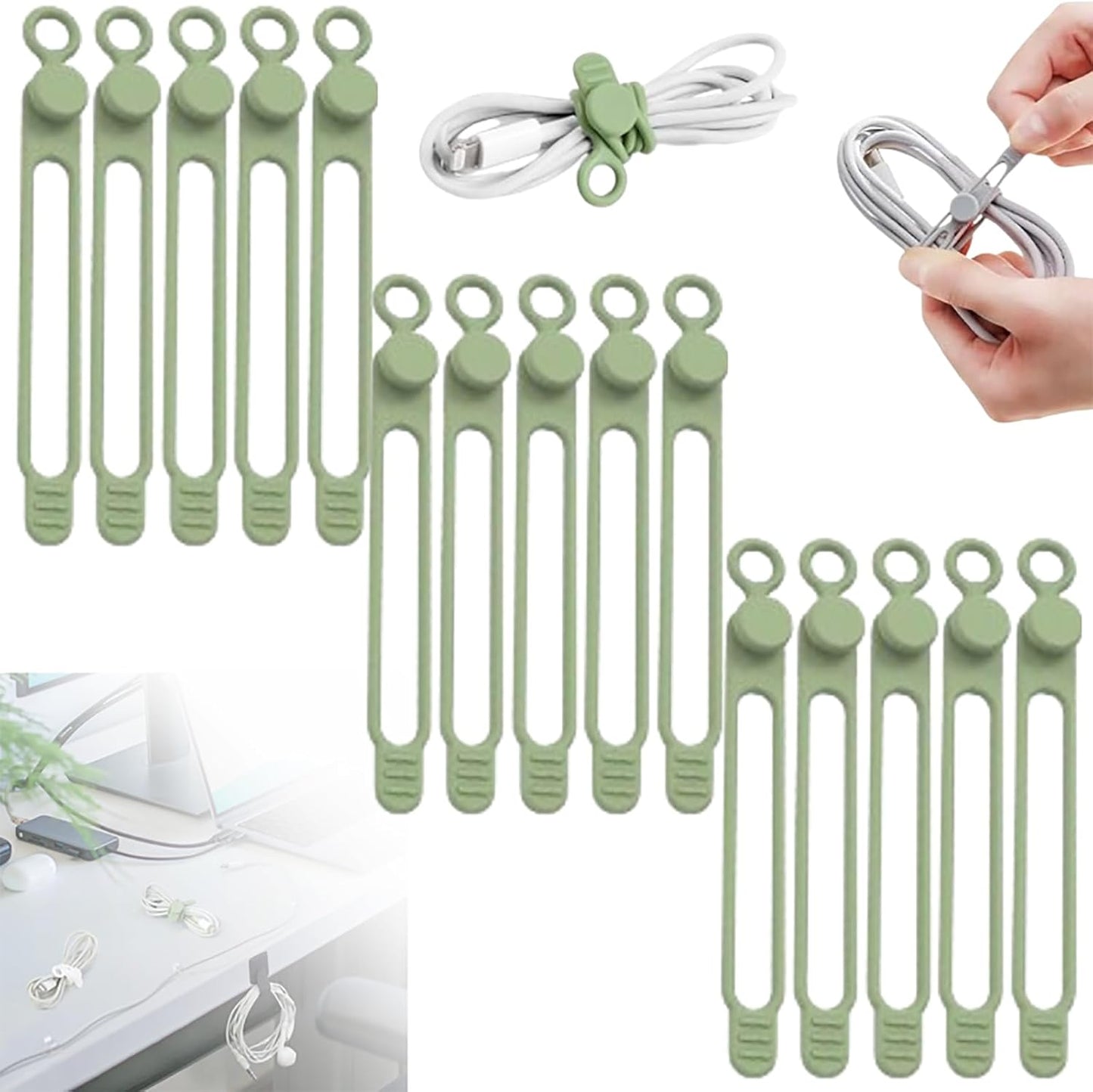 Silicone Cable Ties, 2024 New Data Cable Organizer Silicone Cable Ties Reusable Cable Management Organizer Multipurpose Cable Management for Travel/Portable/Office/Home Desk (Green, 15 Pcs)