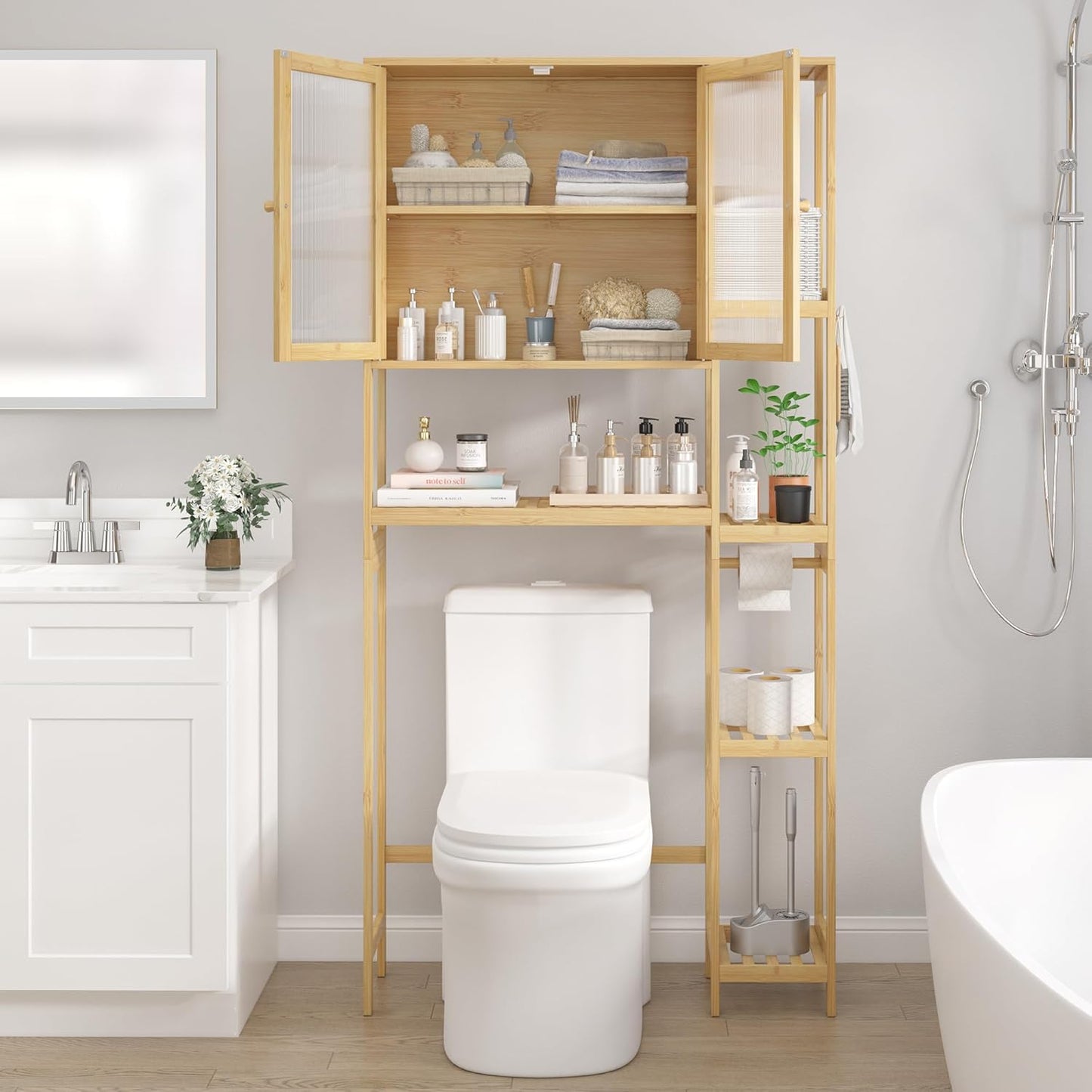 Over The Toilet Storage Cabinet Above Toilet Bathroom Organizer with Toilet Paper Holder Stand Bath Organizer with Adjustable Shelves & Acrylic Doors,Anti-Tip Device (Nature)