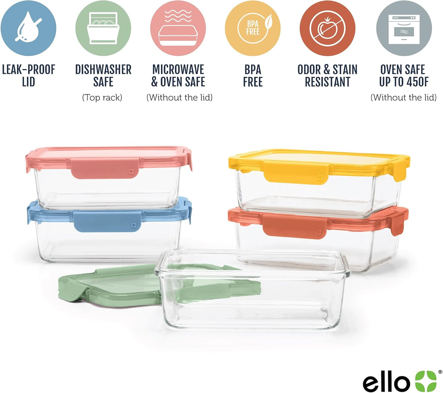 Ello Color Lock 5 Cup 10PC, 5 Pack Glass Meal Prep Sets Leak-Proof Glass Food Storage Containers with Airtight BPA-Free Plastic Lids, Dishwasher, Microwave, and Freezer Safe, Desert Festival