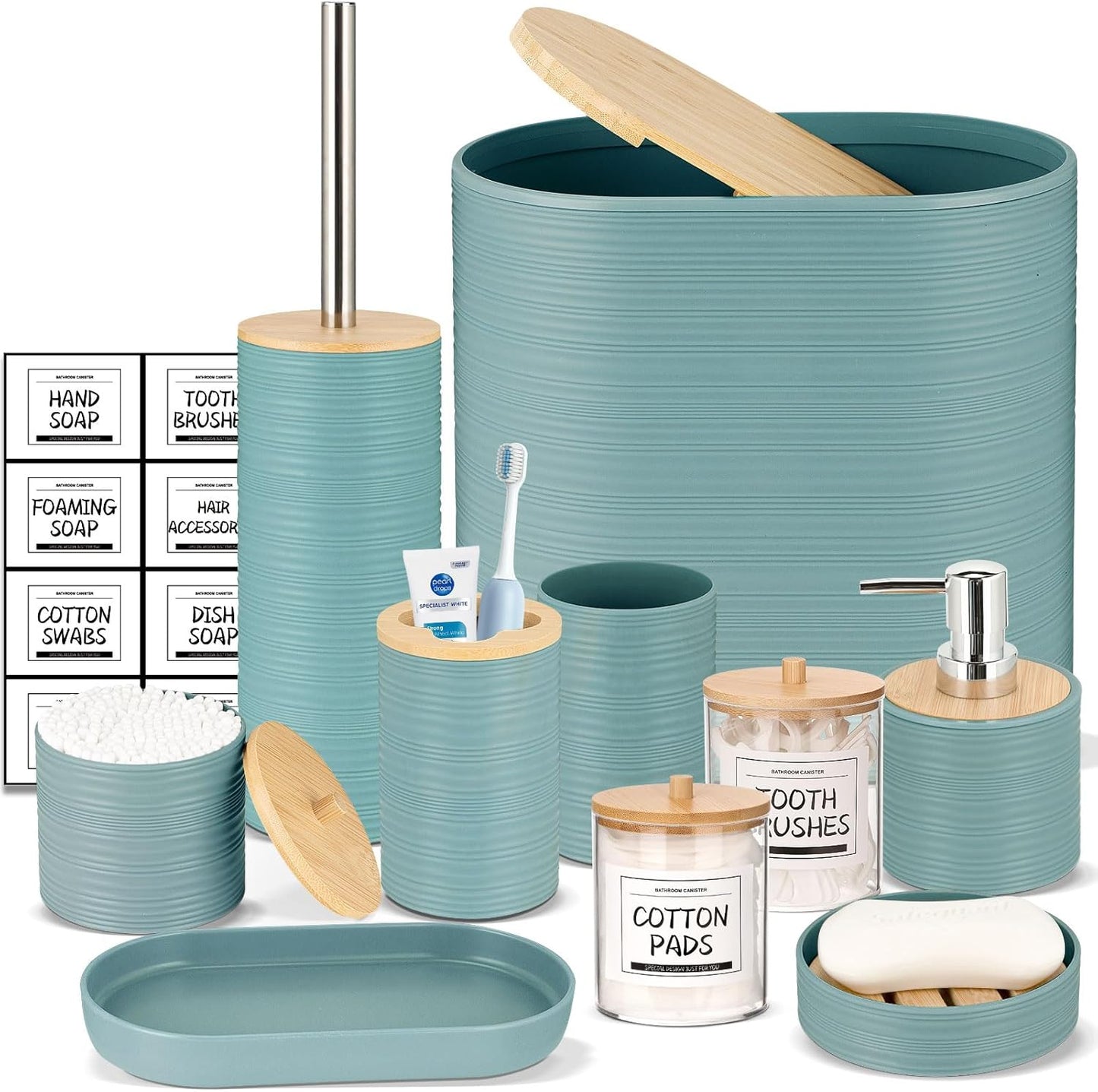 IMAVO Bathroom Accessory Set-11Pcs Blue Bathroom Accessories Set with Trash Can,Soap Dispenser,Soap Dish,Toothbrush Holder,Toothbrush Cup,Toilet Brush Holder,Qtip Holder Dispenser with Labels