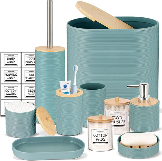 IMAVO Bathroom Accessory Set-11Pcs Blue Bathroom Accessories Set with Trash Can,Soap Dispenser,Soap Dish,Toothbrush Holder,Toothbrush Cup,Toilet Brush Holder,Qtip Holder Dispenser with Labels