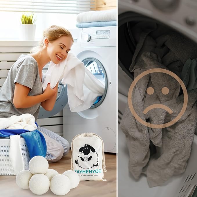 Organic Wool Dryer Balls Wool Balls for Dryer, Laundry Balls for Dryer Reusable 6P Reducing Clothing Wrinkles,Saving Drying Time and Fabric Fluffier 100% New Zealand Wool Lint Balls (24p White)