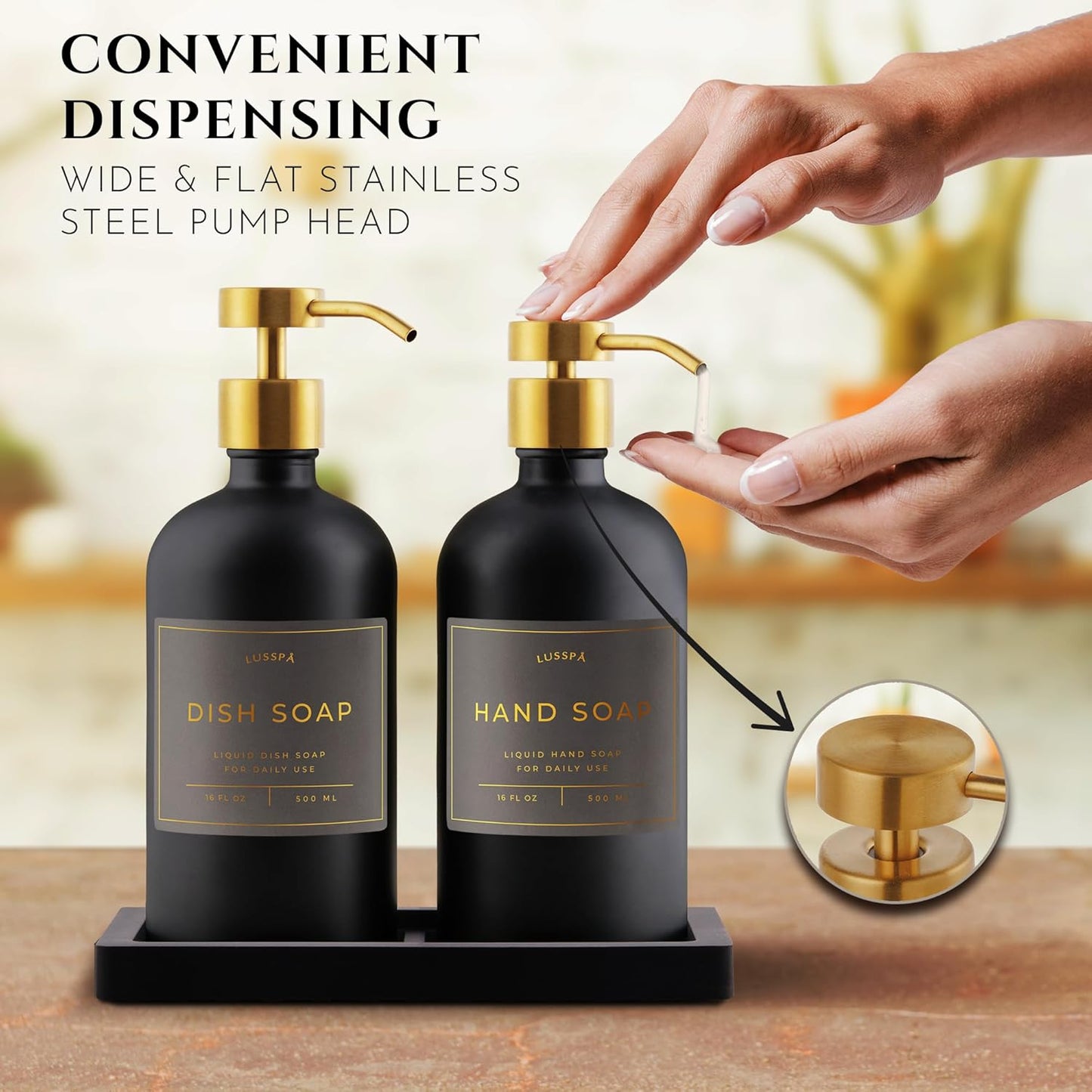 Lotion, Hand & Dish Soap Dispenser for Kitchen Sink - Bathroom Soap Dispenser Set of 2 16.8 Oz Glass Bottles with Stainless Steel Pump, 15 Water Proof Labels & Silicon Tray (Black/Gold)