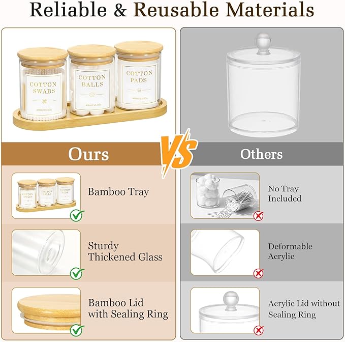 Luxspire Glass Qtip Holder with Vanity Tray, 3 Pack Cotton Swab Holder with Bamboo Lid, 13.4 oz Glass Apothecary Jars Bathroom Accessories Canisters for Cotton Swabs, Balls, Pads, Floss Picks