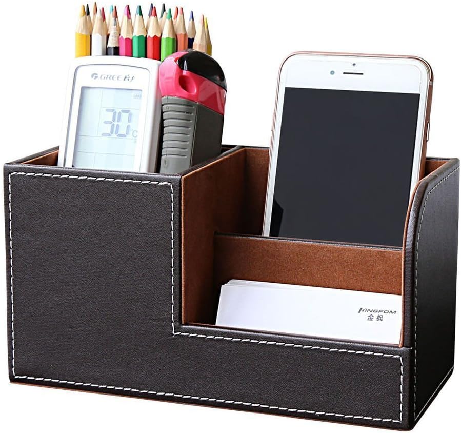 KINGFOM Desk Organizer Office Supplies Caddy Pu Leather Multi-function Storage Box Pen/Pencil,Cell phone, Business Name Cards Remote Control Holder Brown