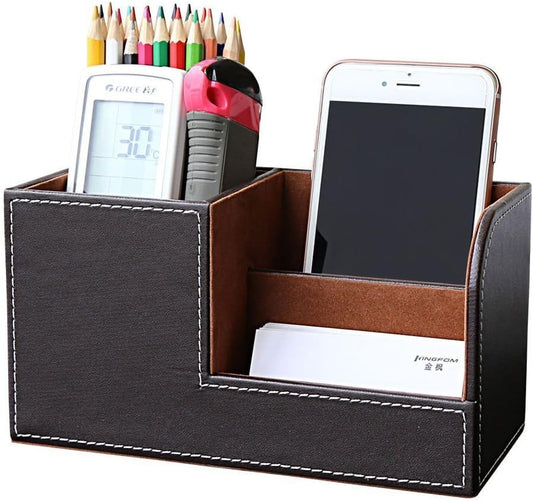 KINGFOM Desk Organizer Office Supplies Caddy Pu Leather Multi-function Storage Box Pen/Pencil,Cell phone, Business Name Cards Remote Control Holder Brown