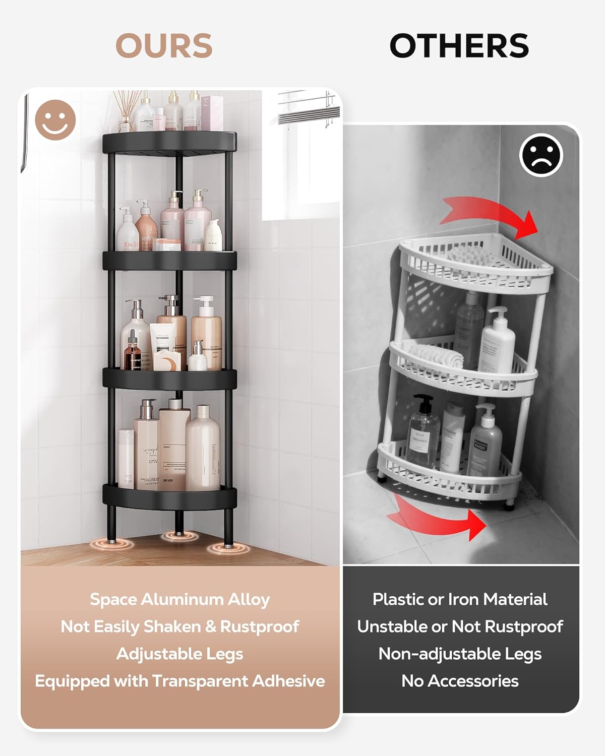 Nieifi Corner Shower Caddy Stand-4 Tier Rustproof Anodized Aluminum Standing Shower Organizer-Shower Caddy Corner-Dual Stability to Anti-Shaking-Height-Adjustable Legs for Uneven Surfaces-Black