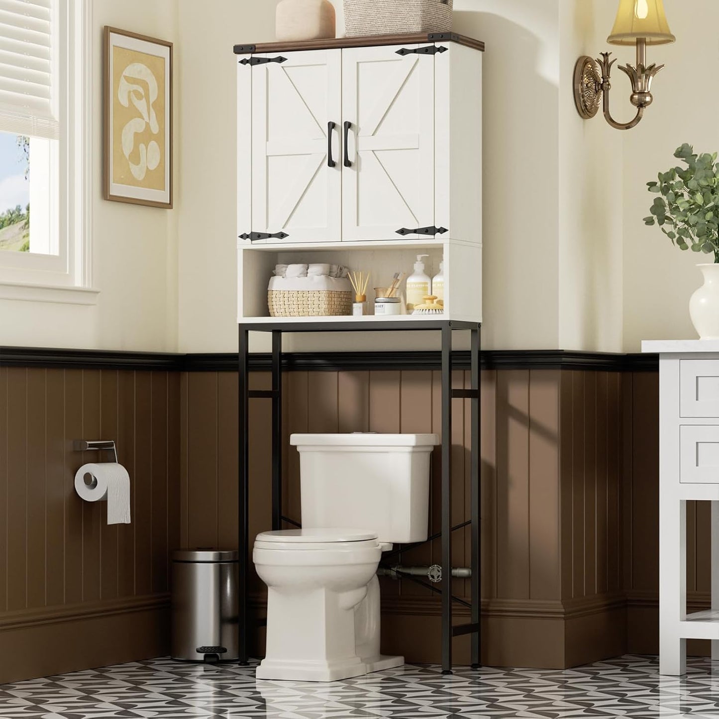 Over The Toilet Storage Cabinet with Farmhouse Doors and Adjustable Shelf, Tall Bathroom Organizer with Metal Stand Space Saver Over Toilet , Wood Rack for Bathroom, Restroom, Laundry, White