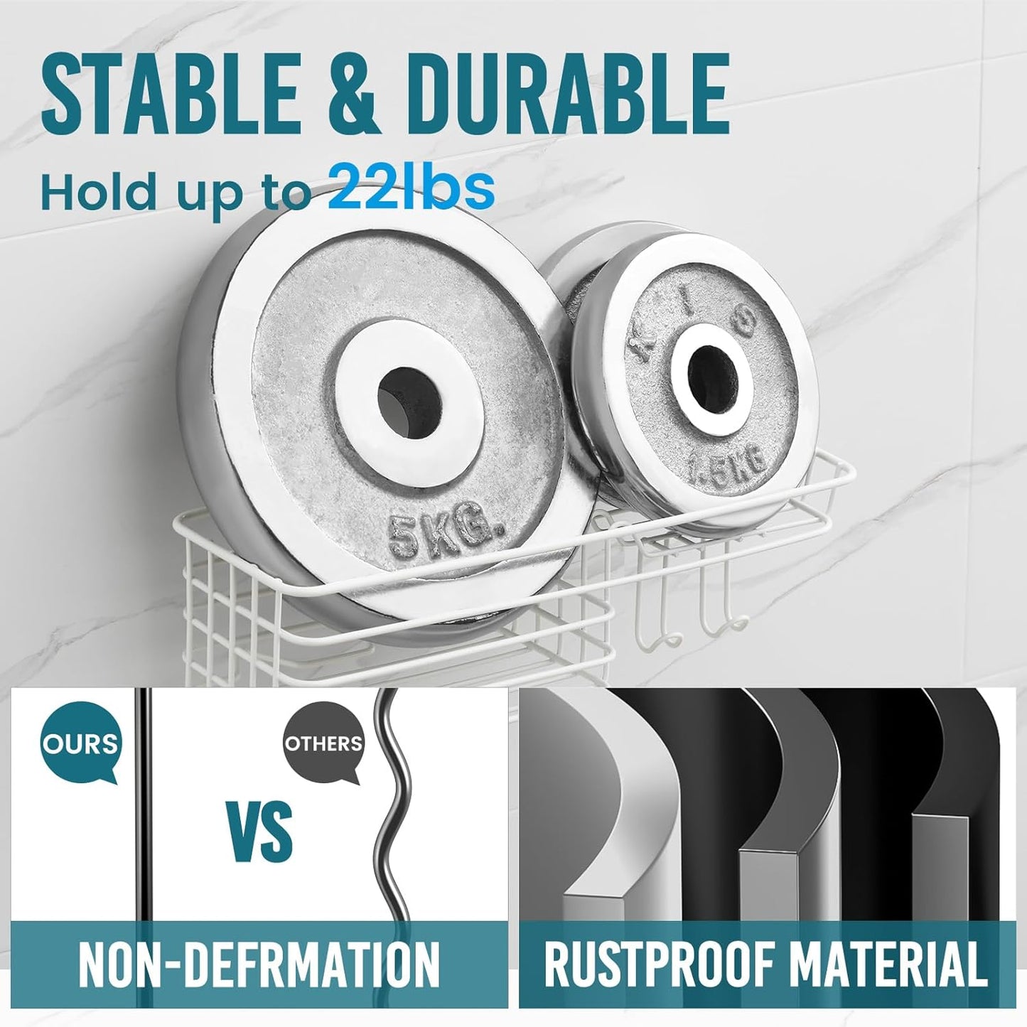 TAILI Shower Caddy Suction Cup with Hooks & Soap Holder, Heavy Duty Bathroom Shower Organizer, No Drilling Shelves for Inside Bathroom, Metal Storage Basket-White