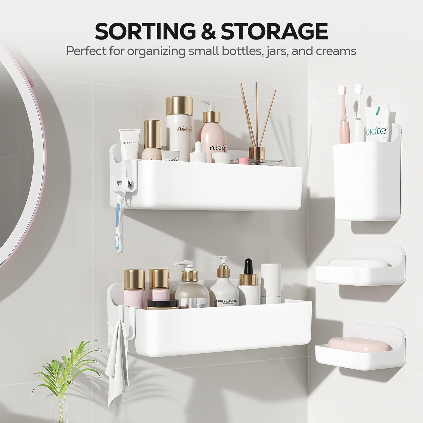 Nieifi Adhesive Wall Shelf, Shower Shelves 5 Pack with Soap Holder, Shower Organizer for Bathroom Organization, White