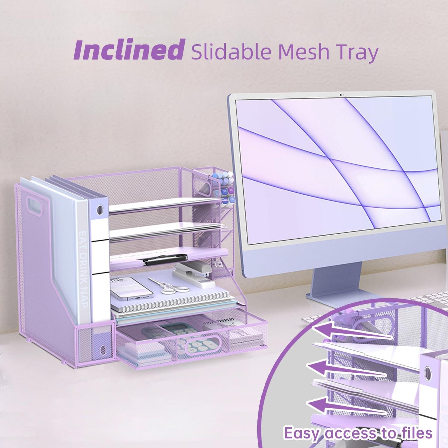 SUPEASY Desk Organizer with File Holder, 5-Tier Mesh Paper Letter Tray Organizer with Pen Holder and Drawer, Desktop Organizer and Storage with 3 Tilted File Sorter for Office Supplies, Purple