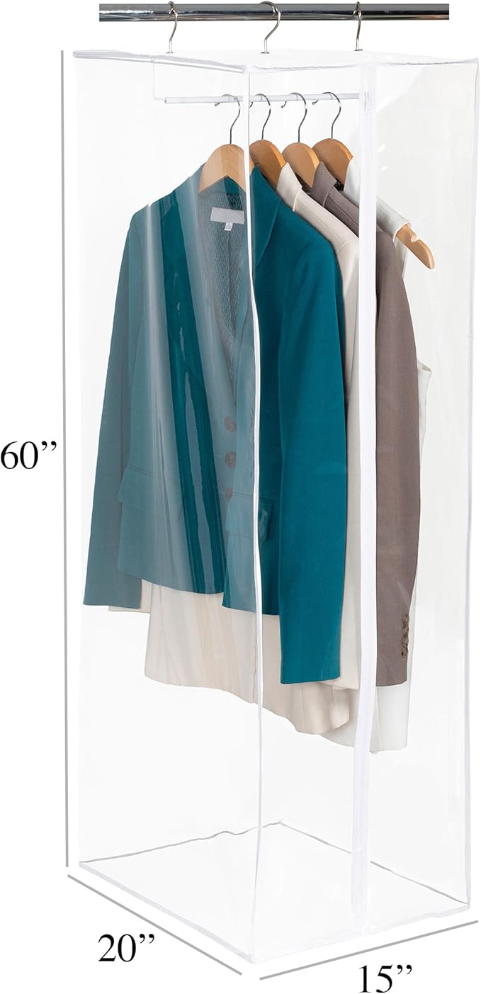 Garment Bag - Clear Hanging Closet Organizer - Durable Zippered Cover with Rod Protects Dresses, Suits, and Jackets from Dust and Moist- Top Metal Frame to Keep All Your Stuff in Shape- 60" x 20" x 15