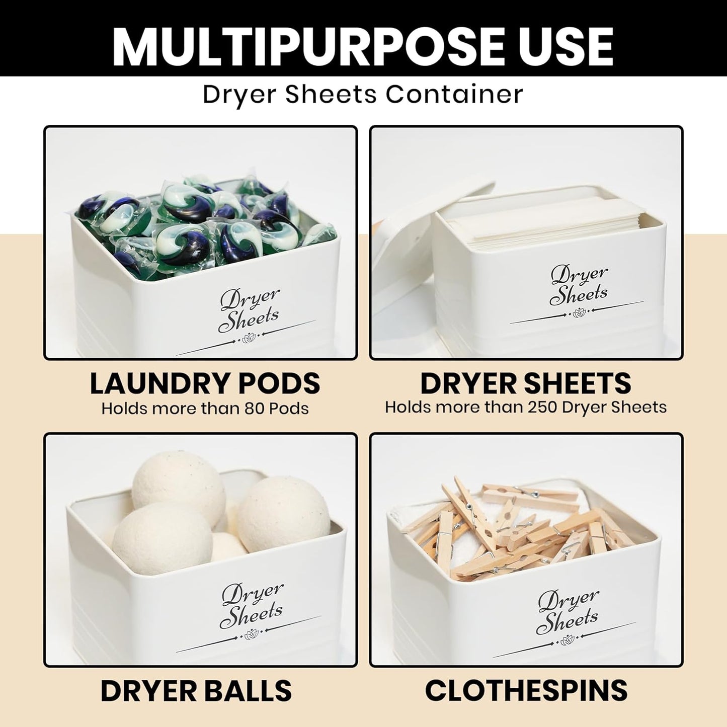 Farmhouse Metal Laundry Pods Container with Dryer Sheet Holder for Organization and Storage, Laundry Room Decor - Holds 156 Pods and 300 Sheets (White)