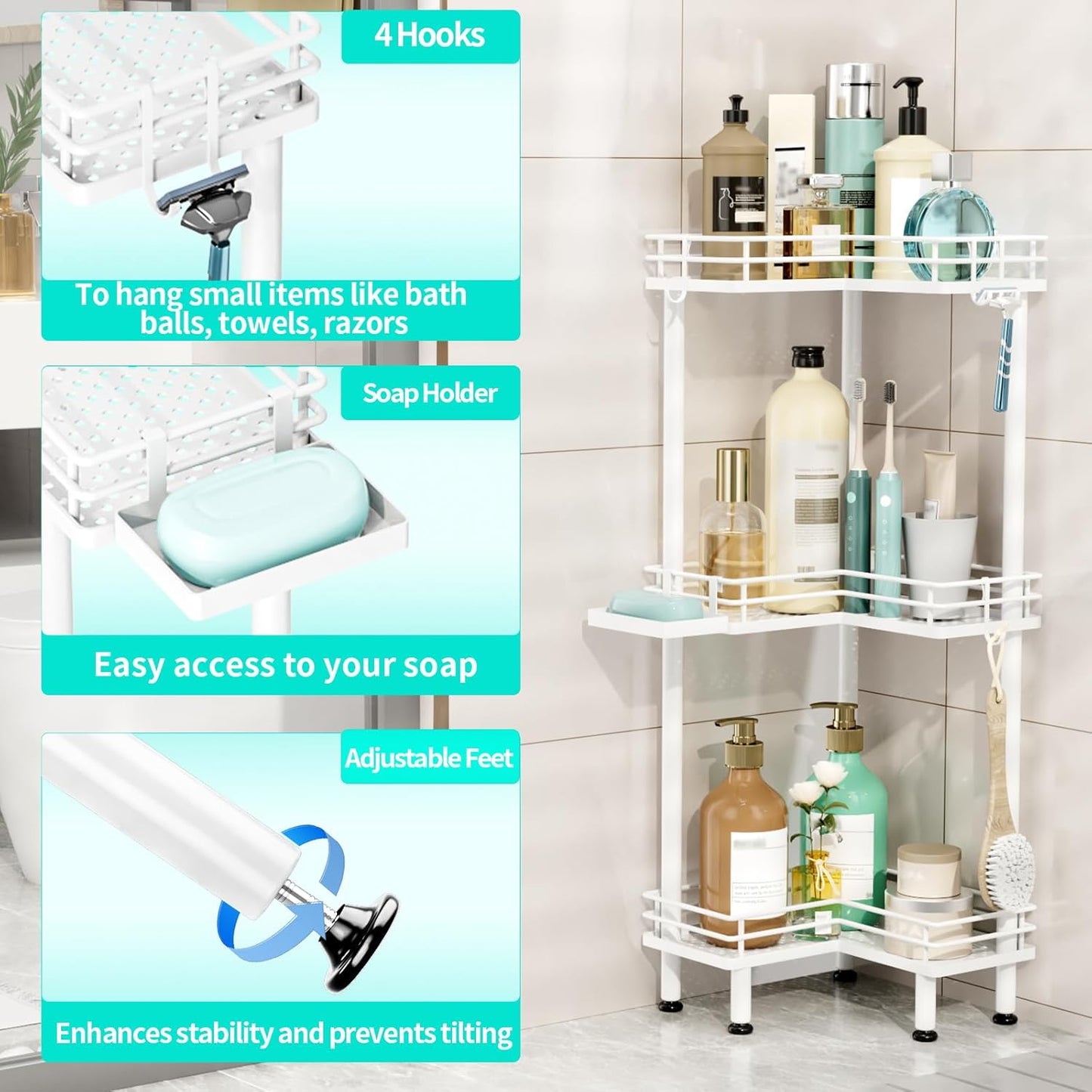 HapiRm Corner Shower Caddy Standing - 3 Tier Shower Organizer Corner with Soap Holder, Rustproof Bathroom Standing Organizer with 4 Hooks, White