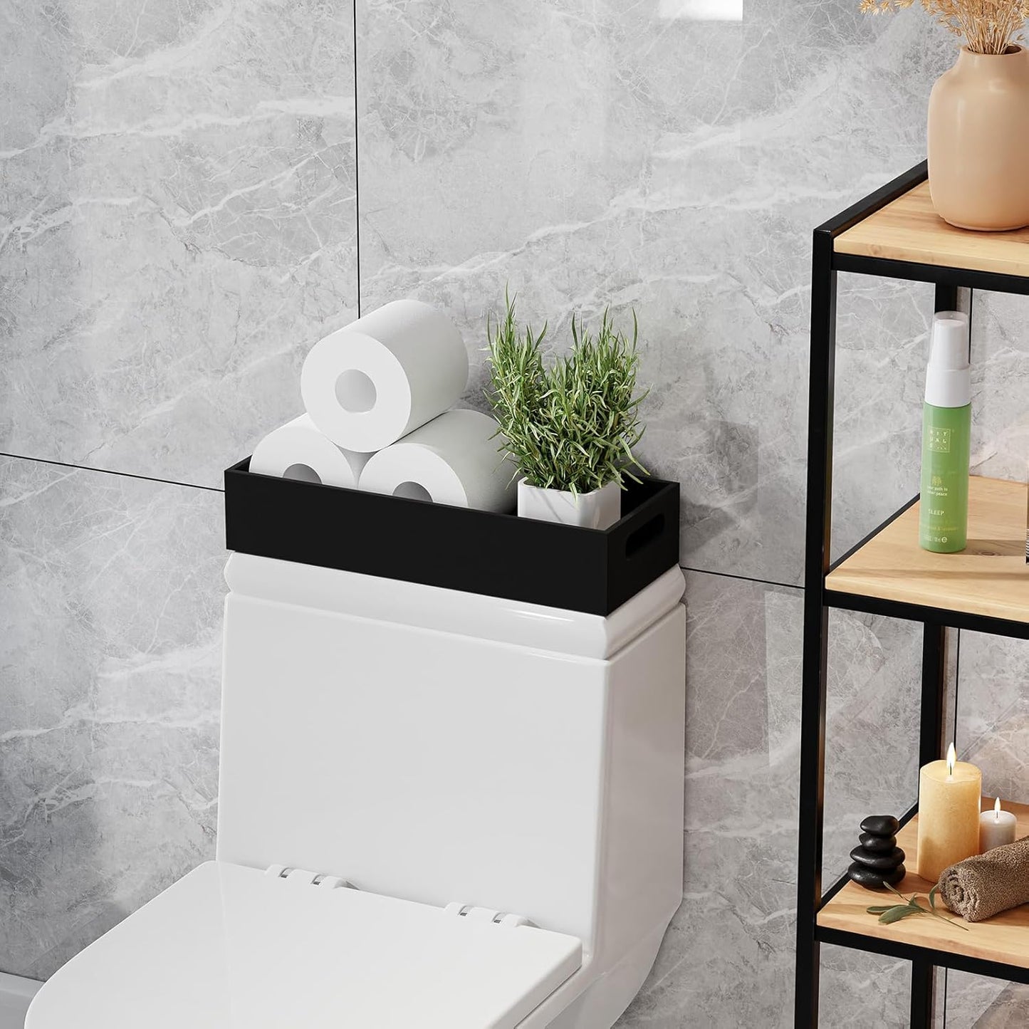 VITVITI Bamboo Toilet Paper Holder Storage, Bamboo Tray for Bathroom with Handle, Toilet Tissue Holder Organizer Basket Container for Toilet Tank/Kitchen Counter, Natural, Black