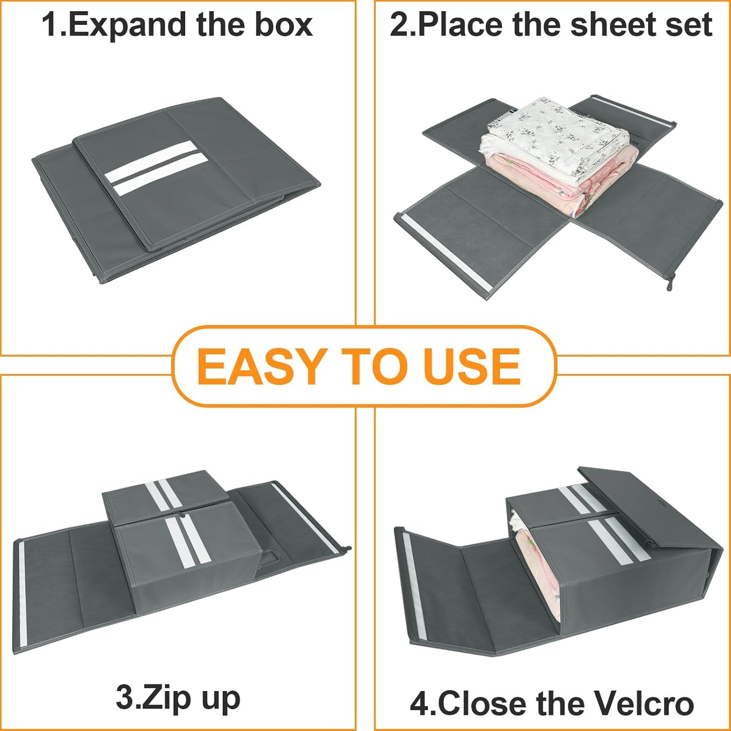 4C'Son Foldable DOUBLE ZIPPERS Bed Sheet Organizer, Fabric Storage Bins for Bed Sheets, Linen Bedding Organizer for Closet with Window and EXTRA STURDY handle (2 PACK - GRAY)