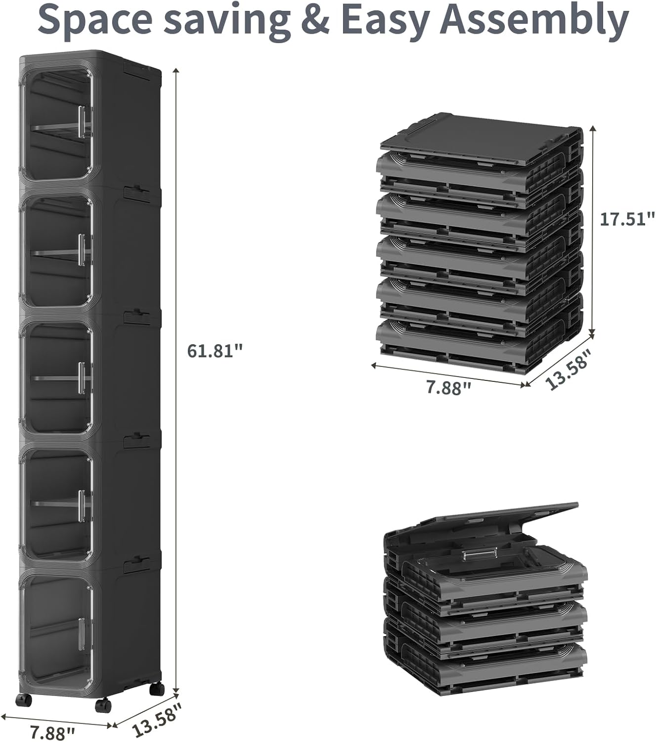 KHNR 5-Tiers Slim Bathroom Storage Cabinet, Foldable Storage Cabinets,Narrow Bathroom Storage,Movable Bathroom Storage Organizer for Small Spaces,Bathroom,Kitchen,Laundry,Black