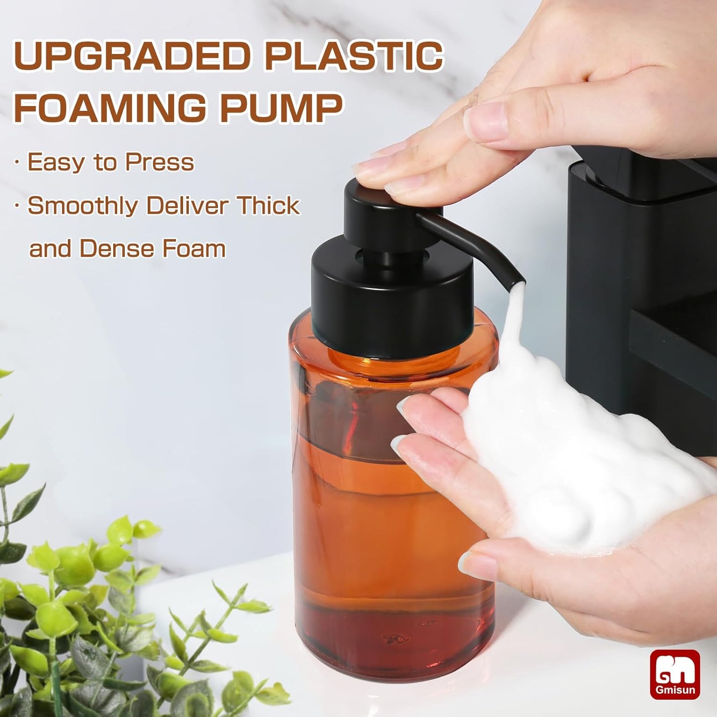 GMISUN Glass Foaming Soap Dispenser, 10 Fl oz / 300ml Amber Glass Soap Dispenser for Bathroom & Kitchen, 2 Pack Modern Refillable Foam Hand Soap Dispensers, Bathroom Hand Soap Dispensers with Labels