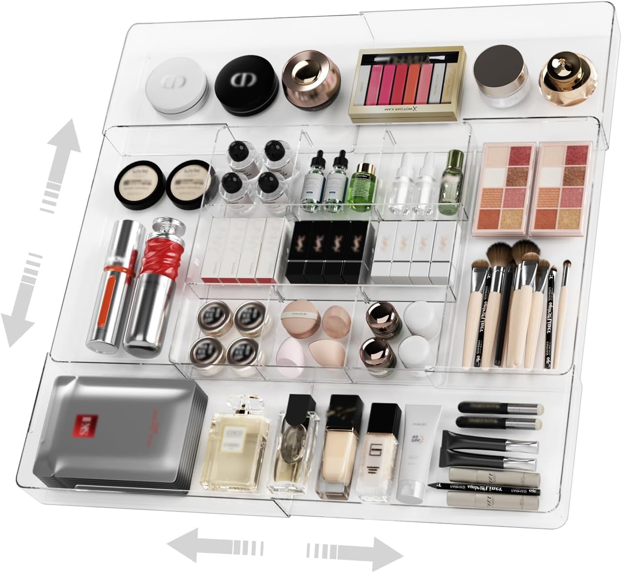 MIUOPUR Expandable Drawer Organizer, Width (10.6"-20.1") Depth (11"-20.1"), Clear Makeup Drawer Organizer with 6 Removable Dividers, Silverware Organizer, Great for kitchen and Bathroom Drawers