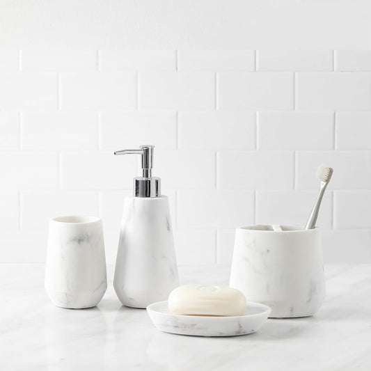 4 Piece Modern Bathroom Accessory Set with Marbled Style and Geometric Design Includes Lotion Dispenser, Toothbrush Holder, Tumbler, Soap Dish (Mordern Style Marble)