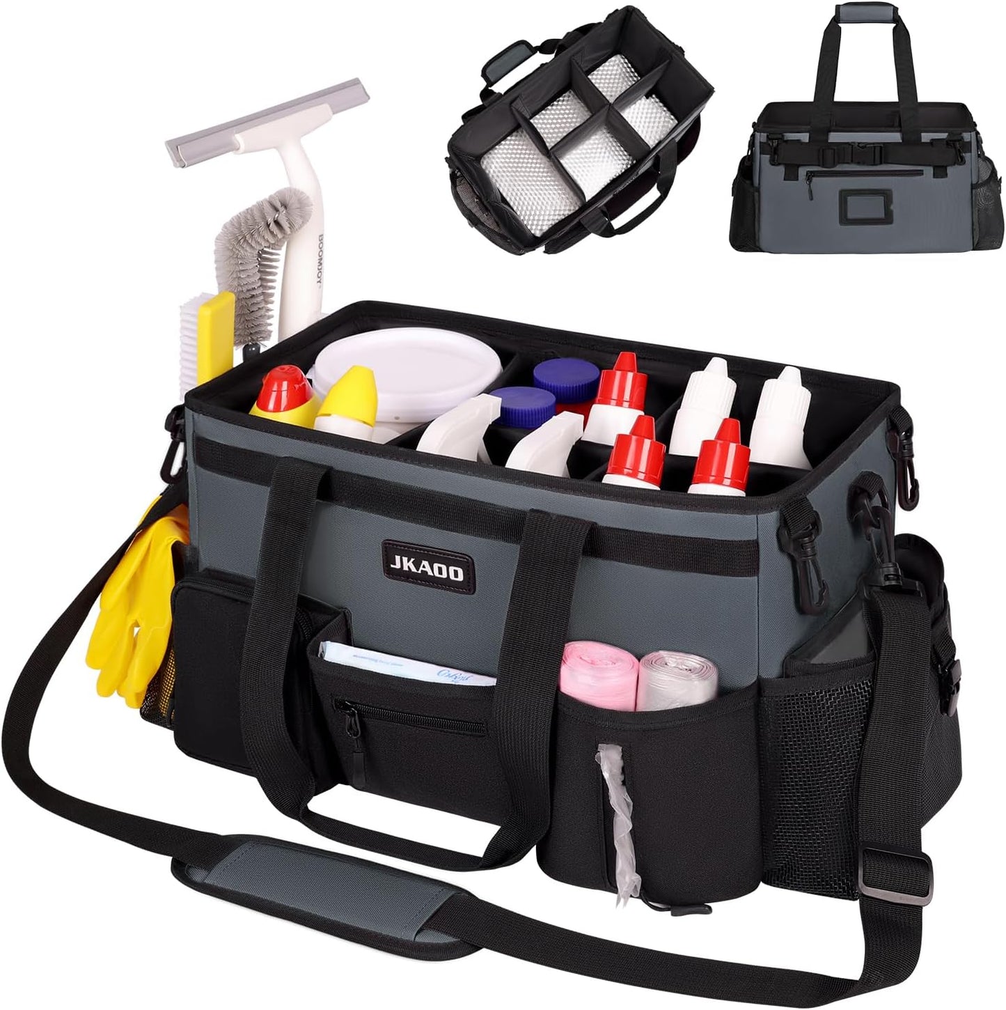 Large Wearable Cleaning Caddy Bags,Cleaning Supplies Storage Bag with Handles and Adjustable Shoulder Strap and Removable Waist Straps,Waterproof Cleaning Bags for Home,Car,Office (Gray)