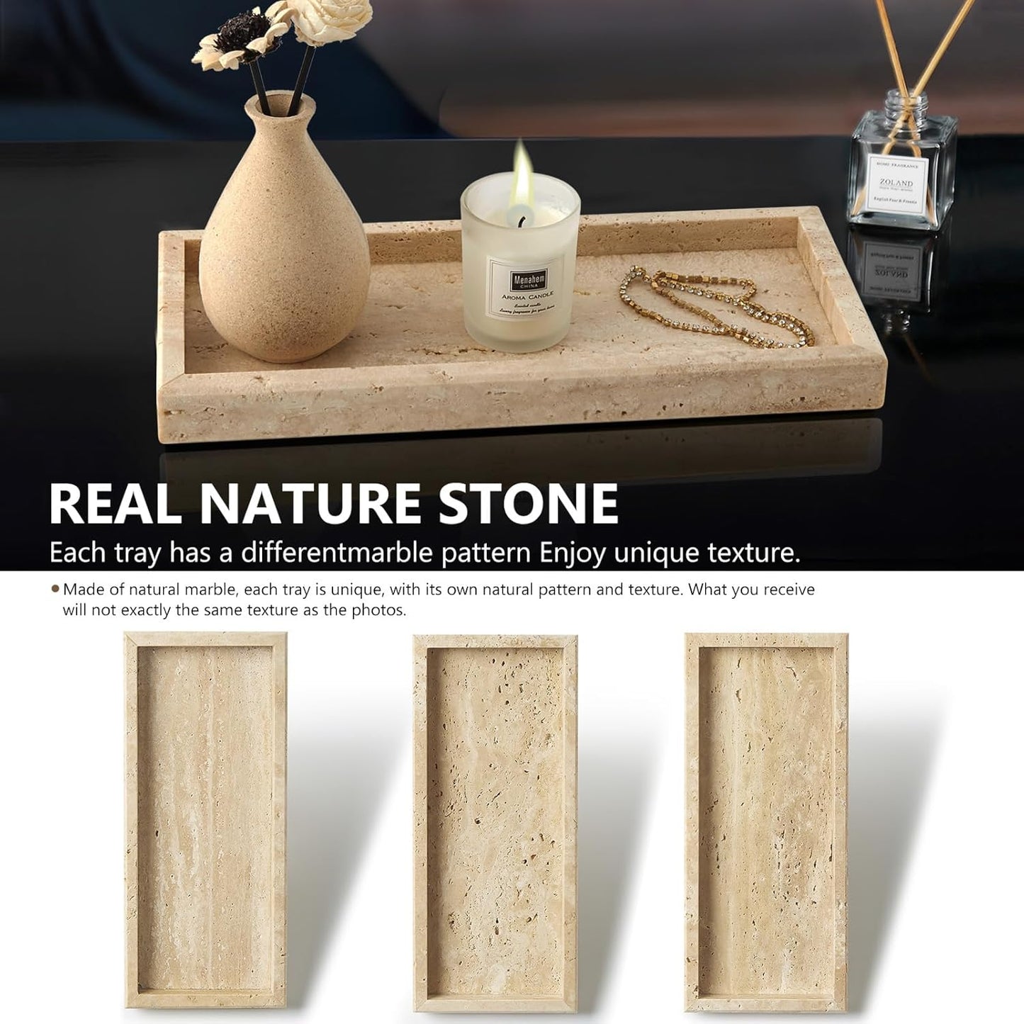 Real Natural Small Marble Tray for Bathroom, Vanity, Kitchen and Desktop, Rectangle Genuine Marble Stone Tray for Jewelry, Cosmetics, Candles, Lotion, Perfume and Home Decor
