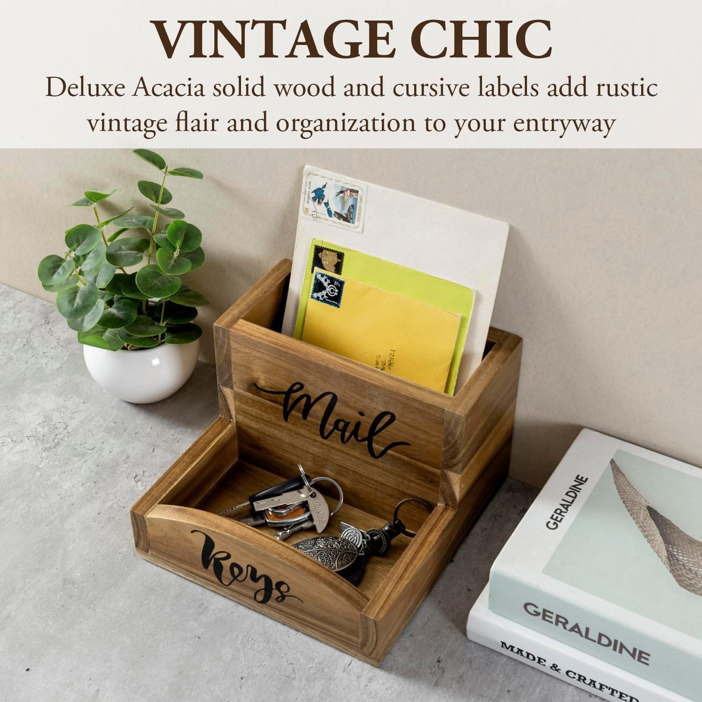 MyGift Premium Acacia Solid Wood Mail Holder and Key Organizer, Entryway Storage Tray or Office Desktop Organizing Bin with Black Cursive Lettering Labels