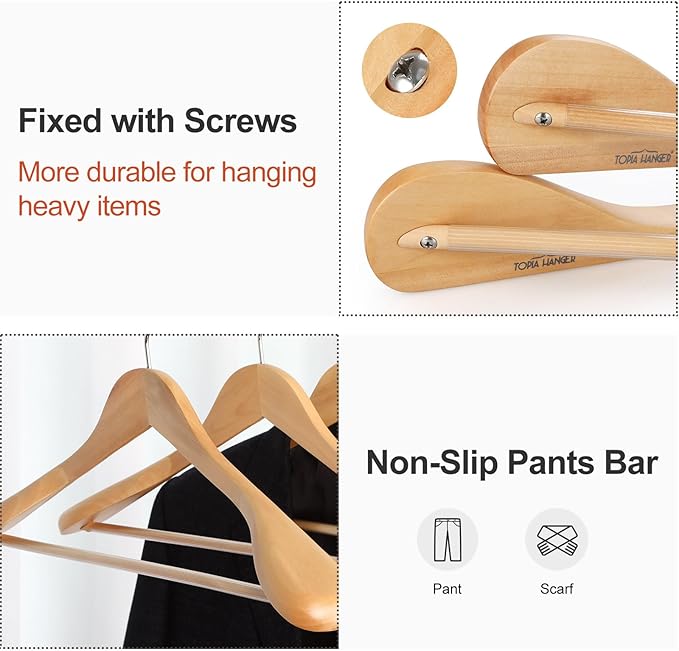 TOPIA HANGER Wide Shoulder Wooden Hangers, Suit Hangers with Non Slip Pants Bar & 360° Swivel Hook, Solid Wood Heavy Duty Coat Hanger, 6 Pack (Natural)-CT02NA