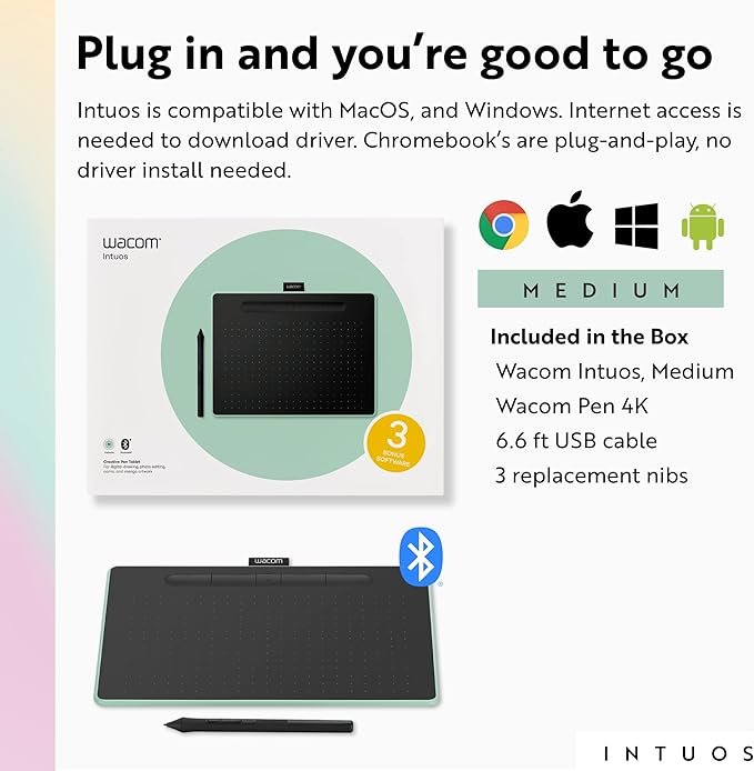 Wacom Intuos Medium Bluetooth Graphics Drawing Tablet, Portable for Teachers, Students and Creators, 4 Customizable ExpressKeys, Compatible with Chromebook Mac OS Android and Windows - Pistachio