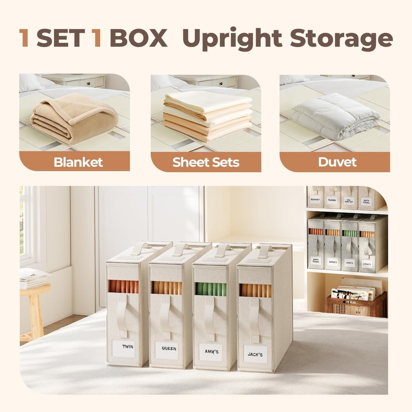 8Pack Linen Sheet Organizers for Linen Closet - King/Queen Size Bedding Storage Boxes with Clear Window | Foldable, Dustproof Sheet Storage Organizer for Blankets & Sheet Sets,Off-white