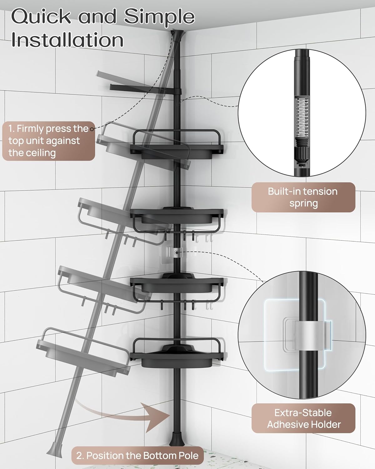ALLZONE Corner Shower Caddy Tension Pole, Extendable Rustproof Stainless Steel Pole & 4-Tier Adjustable Shelves for Easy Drainage and Built-to-Last Stability, 34 to 116 Inch, Black
