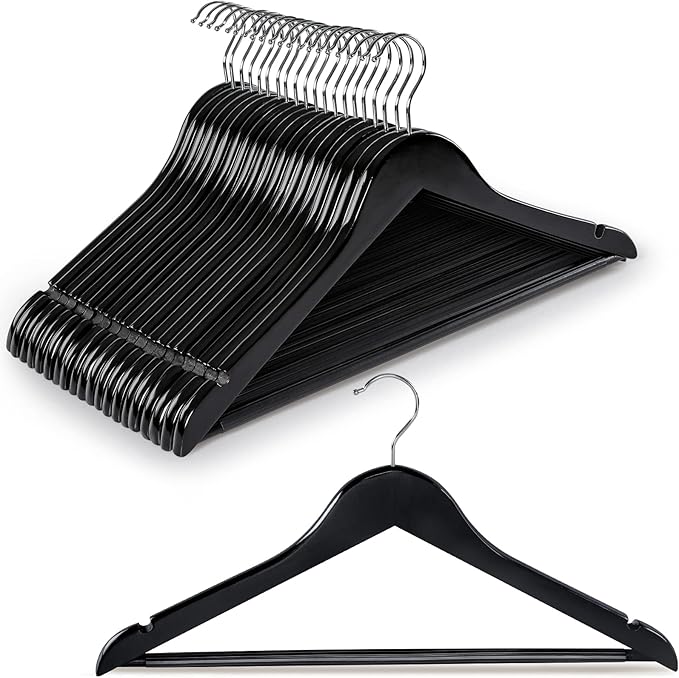 TOPIA HANGER Wooden Hangers 20 Pack, Black Wood Coat Hangers for Closet with Non-Slip Pants Bar, 360° Swivel Hook and Shoulder Notches for Camisole, Suit, Jacket, Pants-CT34B20