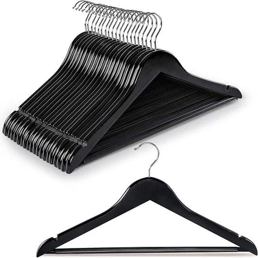 TOPIA HANGER Wooden Hangers 20 Pack, Black Wood Coat Hangers for Closet with Non-Slip Pants Bar, 360° Swivel Hook and Shoulder Notches for Camisole, Suit, Jacket, Pants-CT34B20