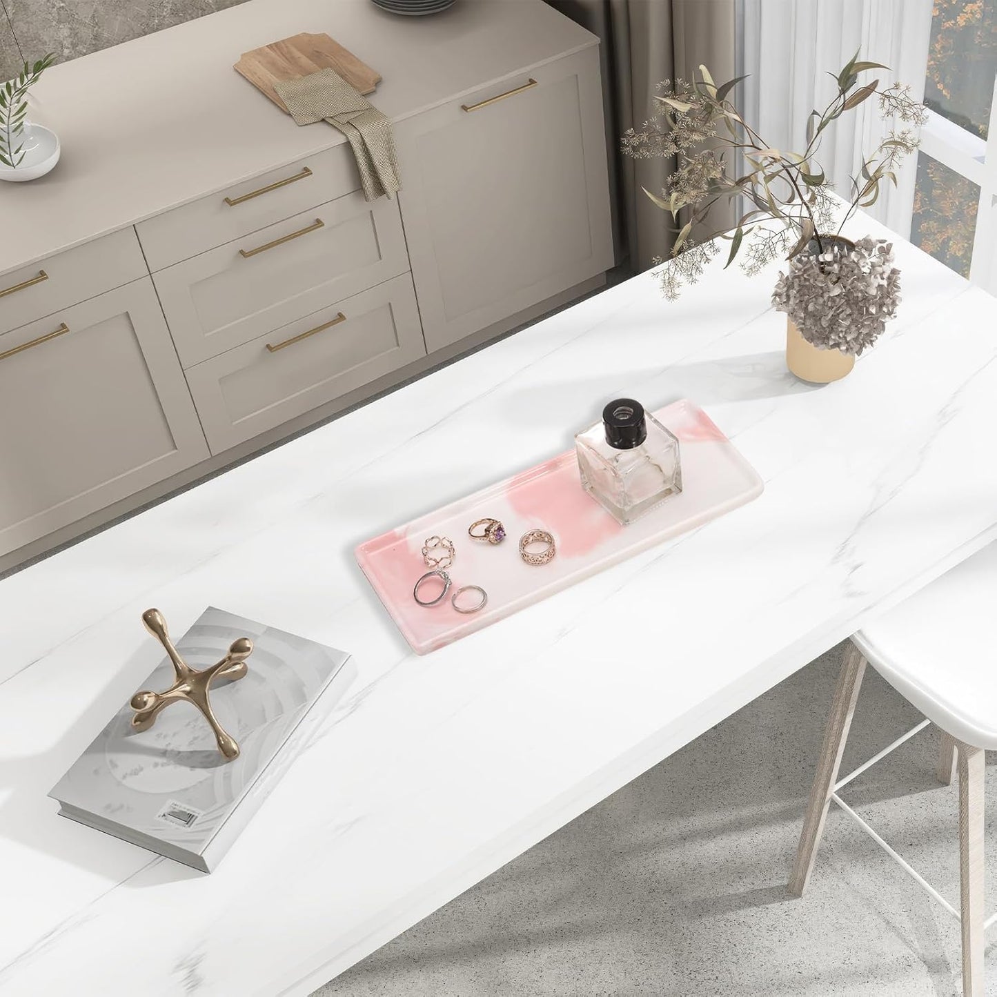 uxcell Marble Tray for Bathroom 9" Small Rectangle Ceramic Vanity Tray for Countertop Shatterproof Bathtub Soap Tray Kitchen Sink Organizer Key Trinket Ring Tray, Pink