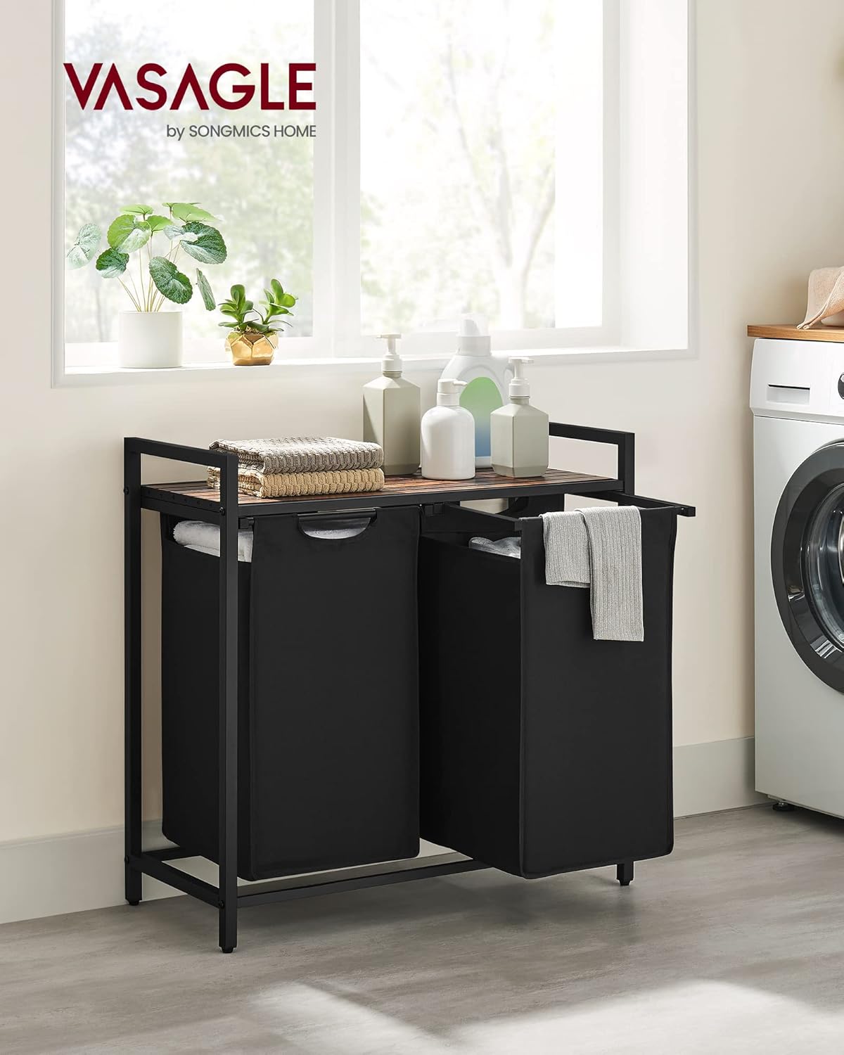 VASAGLE Laundry Hamper, Laundry Basket, Laundry Sorter with 2 Pull-Out and Removable Bags, Shelf, Metal Frame, 2 x 12.1 Gallons (46 L), 28.8 x 13 x 28.4 Inches, Ink Black and Rustic Brown UBLH201B01