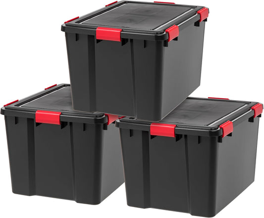 IRIS USA WeatherPro 74 Qt Storage Bins with Lids, 3 Pack, BPA-Free Plastic Gasket Box with Tight Latch and Seal, Stackable Nestable Tote Tub - Black/Red