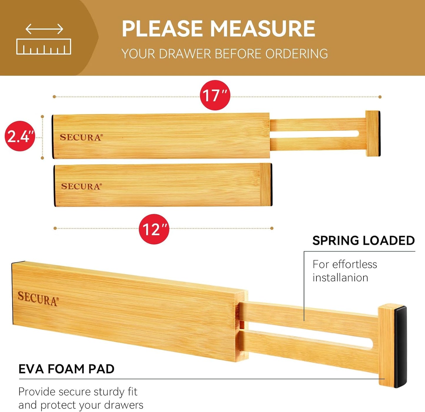 Secura Bamboo Drawer Dividers Organizer 4-Pack, Adjustable Drawer Separators Expandable from 12.0-17.1 inches for Kitchen, Office, Bathroom, Closet, Dresser