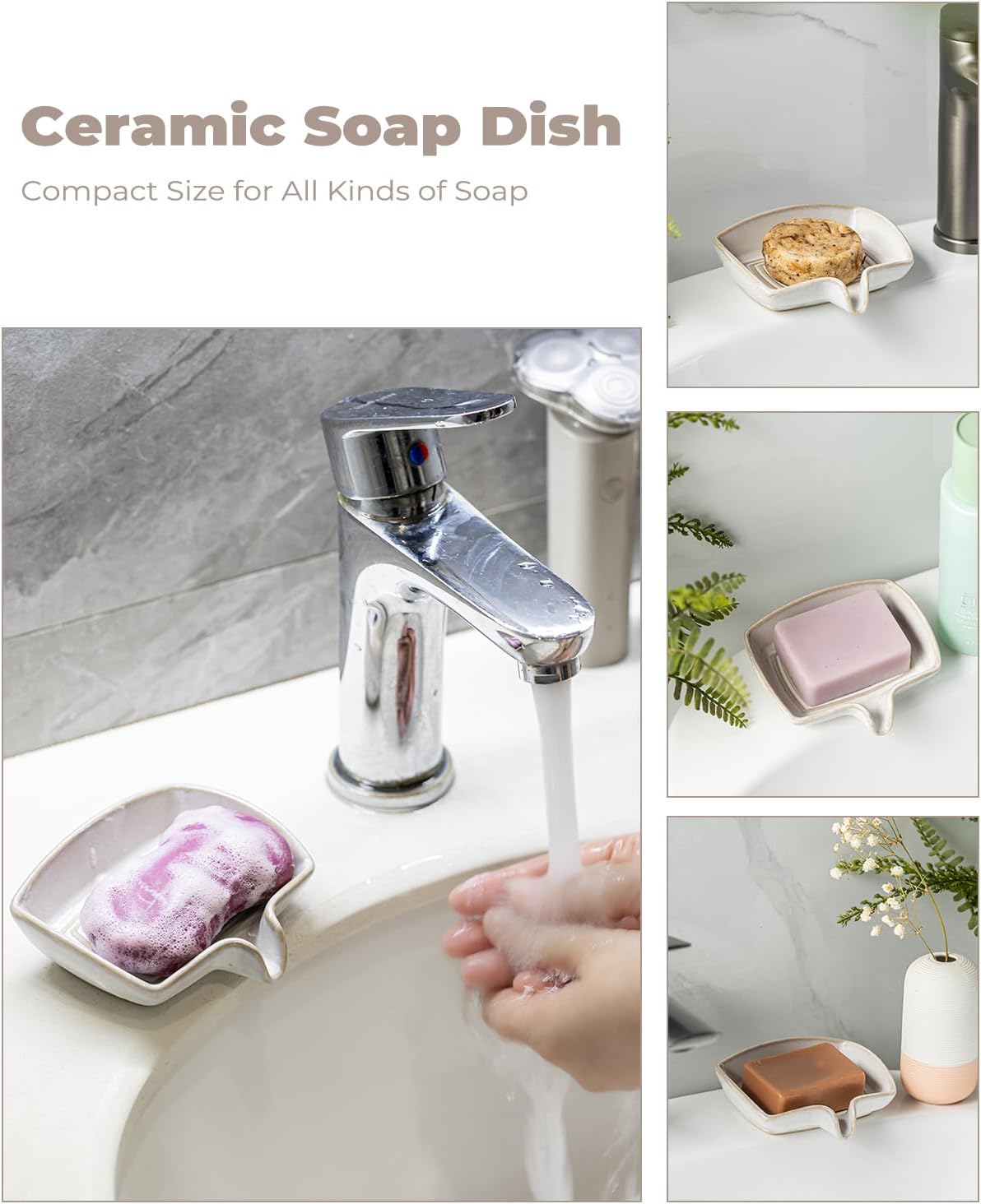 Soap Dishes, Ceramic Shower Soap Dish with Waterfall Design Bar Soap Holder Self Draining Soap Saver for Shower, Bathroom, Sink, Kitchen and Countertop, Beige White