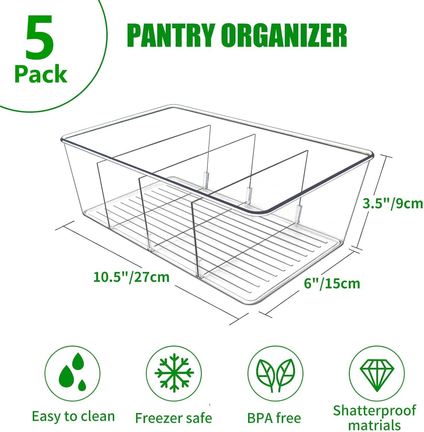 5 Pack Pantry Organizers and Storage,4 compartment Snack Containers for Kitchen,Fridge,Refrigerator Organization and Storage,Clear Plastic Bins for Spice,Tea bag,Seasoning organizer