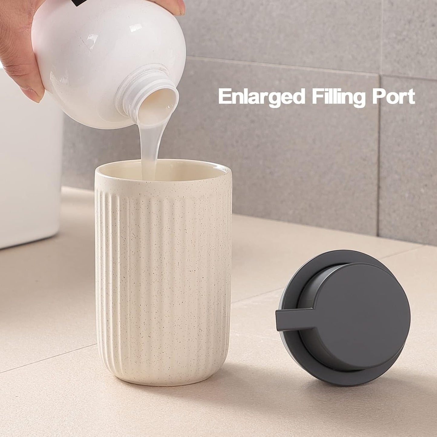 Beige Ceramic Soap Dispenser Set - Modern Refillable Hand Soap Dispenser With Pump for Bathroom, Kitchen, Farmhouse Decor - 2 Pack