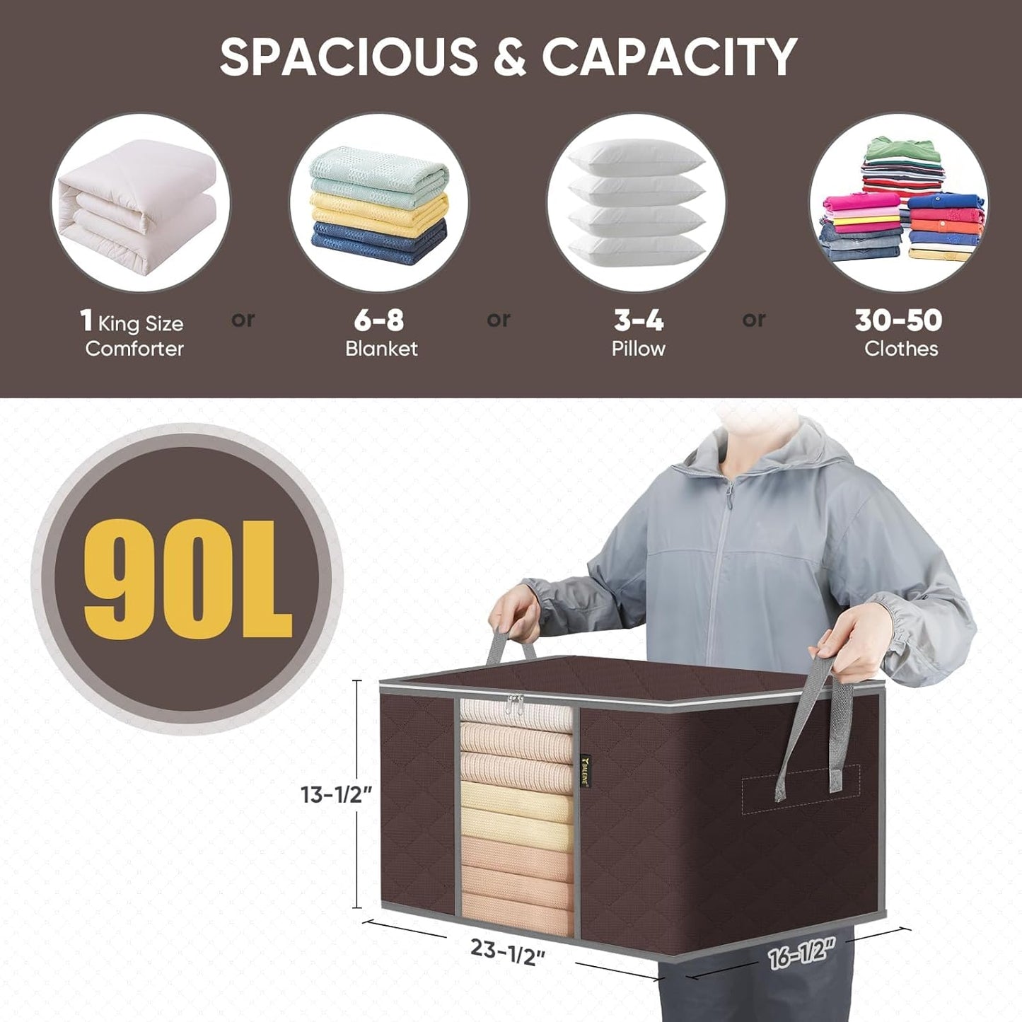 BALEINE 4 Pack Clothes Storage Bags, 24 Gallon Storage Containers with Reinforced Handle, Sturdy Zipper, Closet Organizer for Blanket, Comforter, Pillow, Bedding (Brown, 4 Pack)